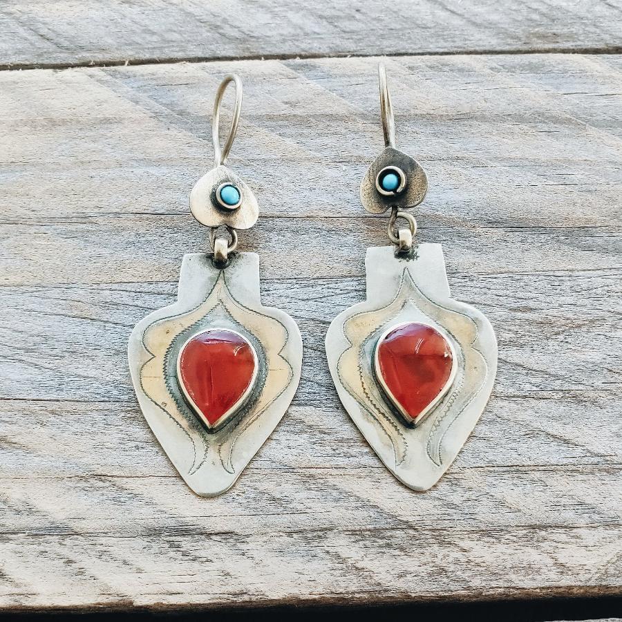 Gold Gilded Turkmen Teke Earrings - Carnelian