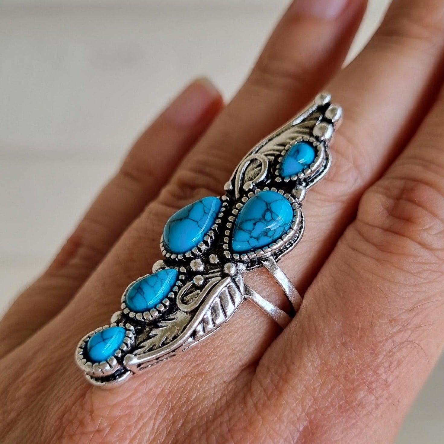 Turquoise Stone Vintage Feather Ring