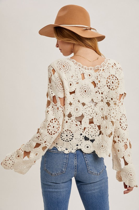 Felicity Long Bell Sleeve Crochet Top Ivory