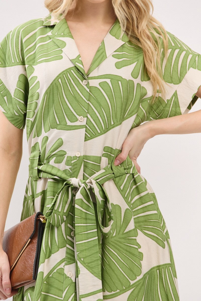 Annie Short Sleeve Waist Tie Tropical Print Maxi Dress Green