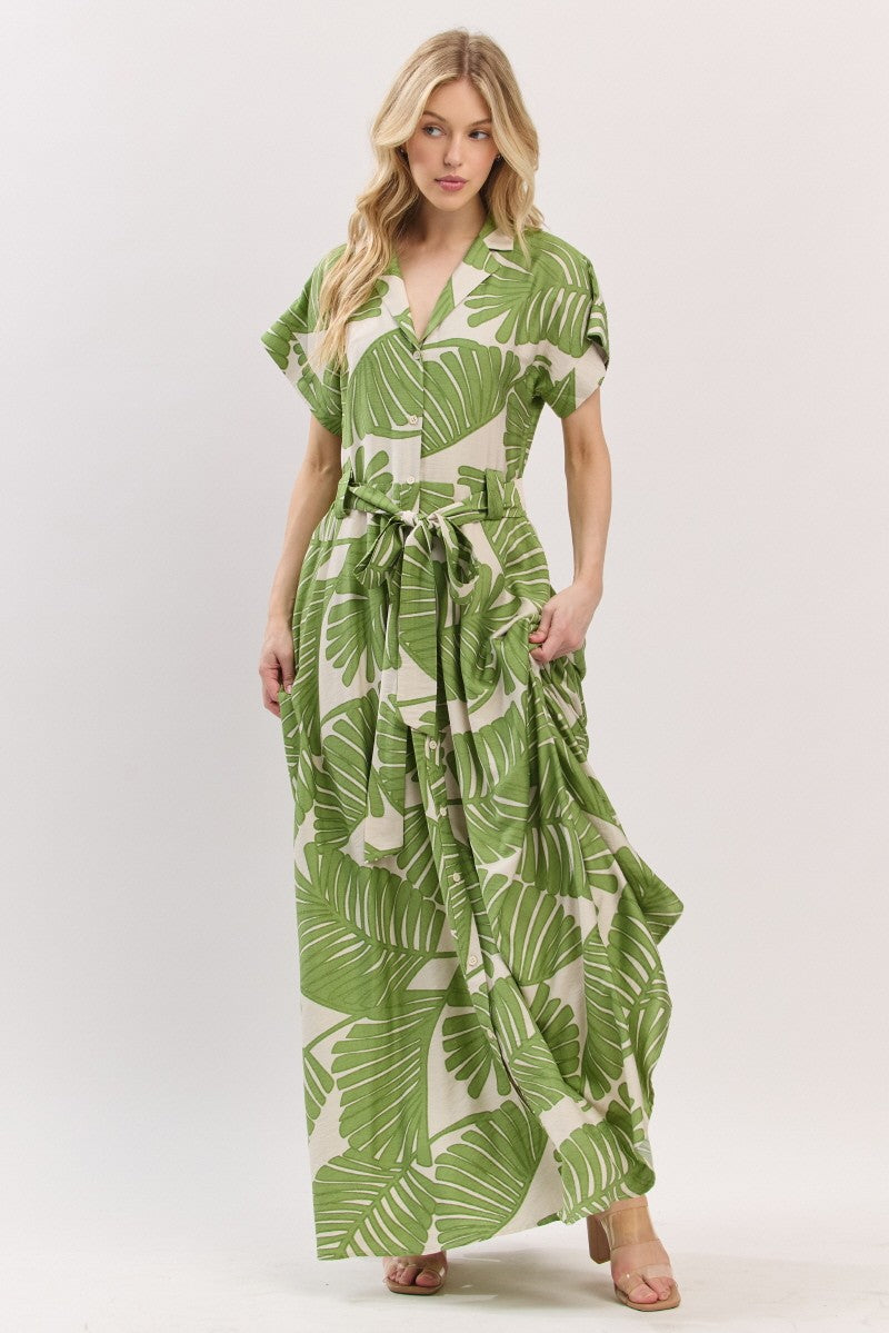 Annie Short Sleeve Waist Tie Tropical Print Maxi Dress Green