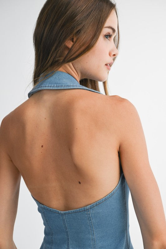 Leanna Sleeveless Zip Up Denim Mini Dress Light Wash