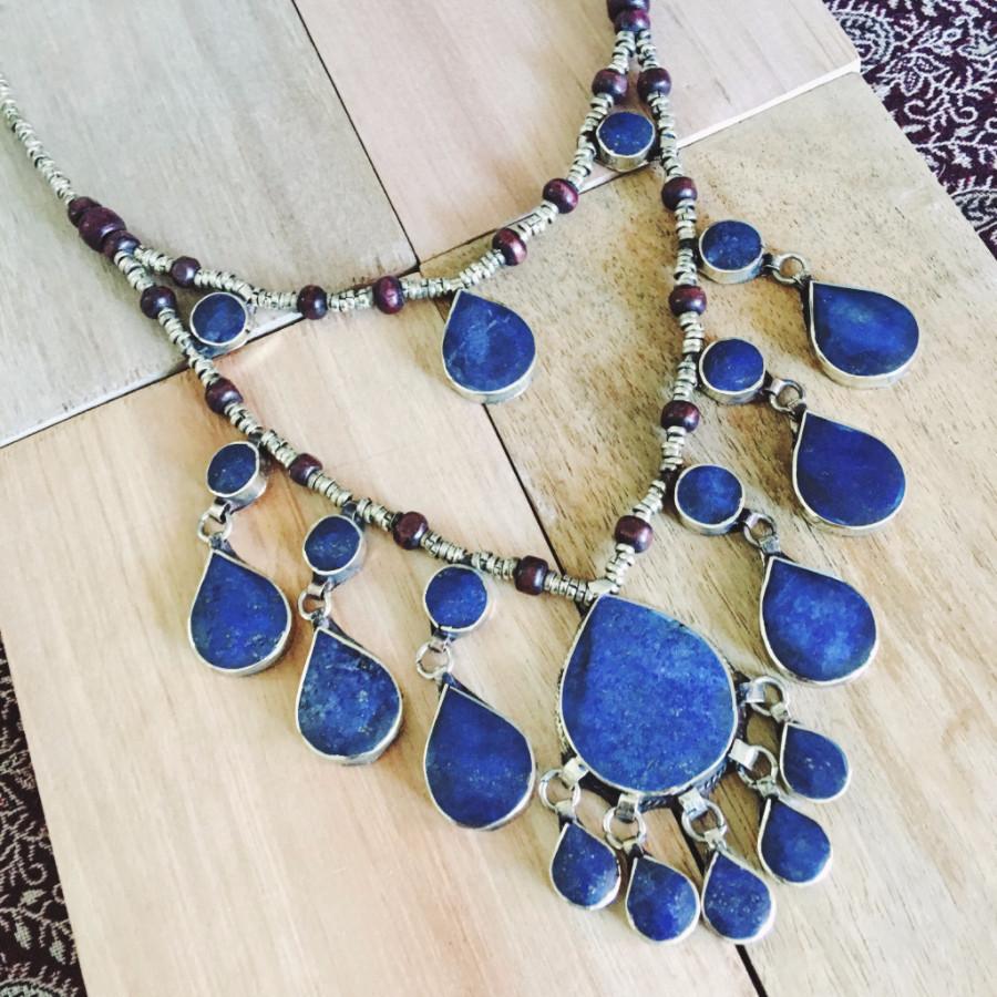 Two tier tribal lapis lazuli stone boho necklace