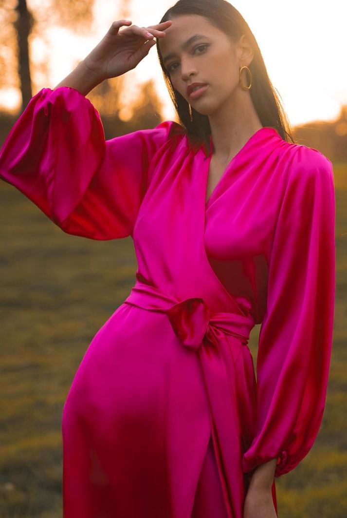 Silk Wrap Dress in Fuchsia Pink