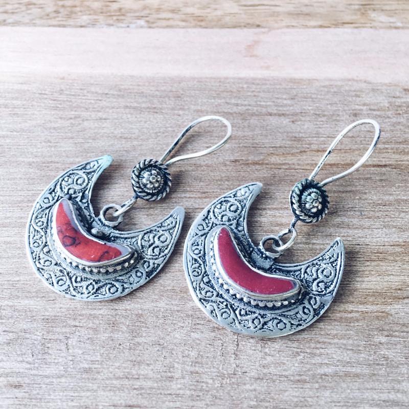 Crescent Kuchi Tribal Earrings - Coral