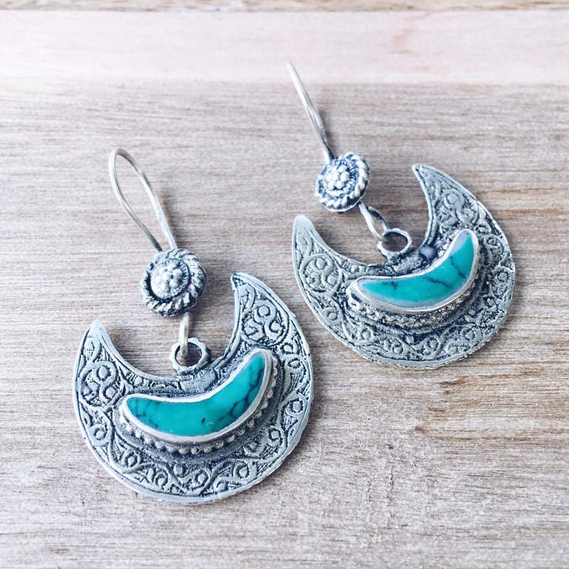 Crescent Kuchi Tribal Earrings - Green