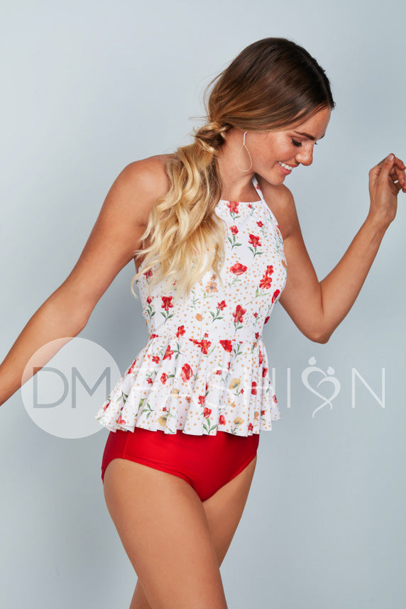 High Neck Peplum Halter Top - Cherry Red Blossoms