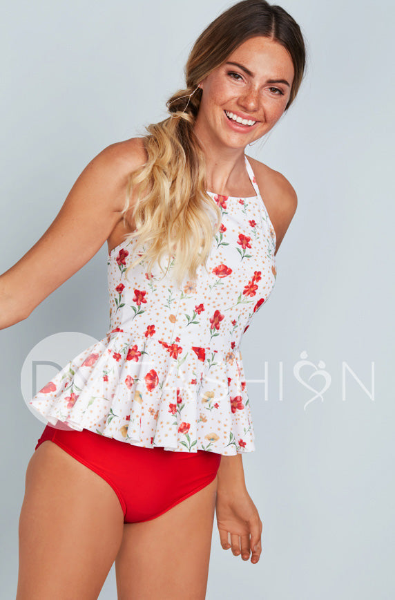 High Neck Peplum Halter Top - Cherry Red Blossoms