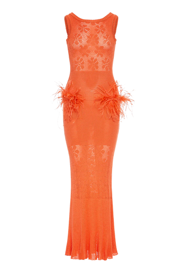 Coral Knit Dress with Feather Detail