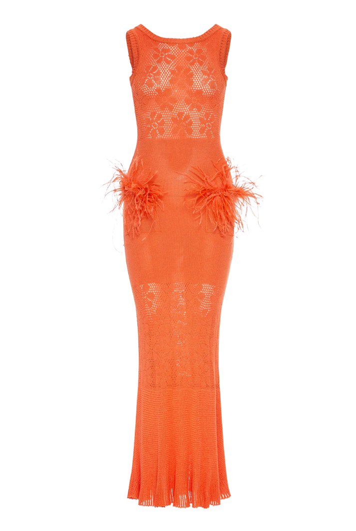 Coral Knit Dress with Feather Detail
