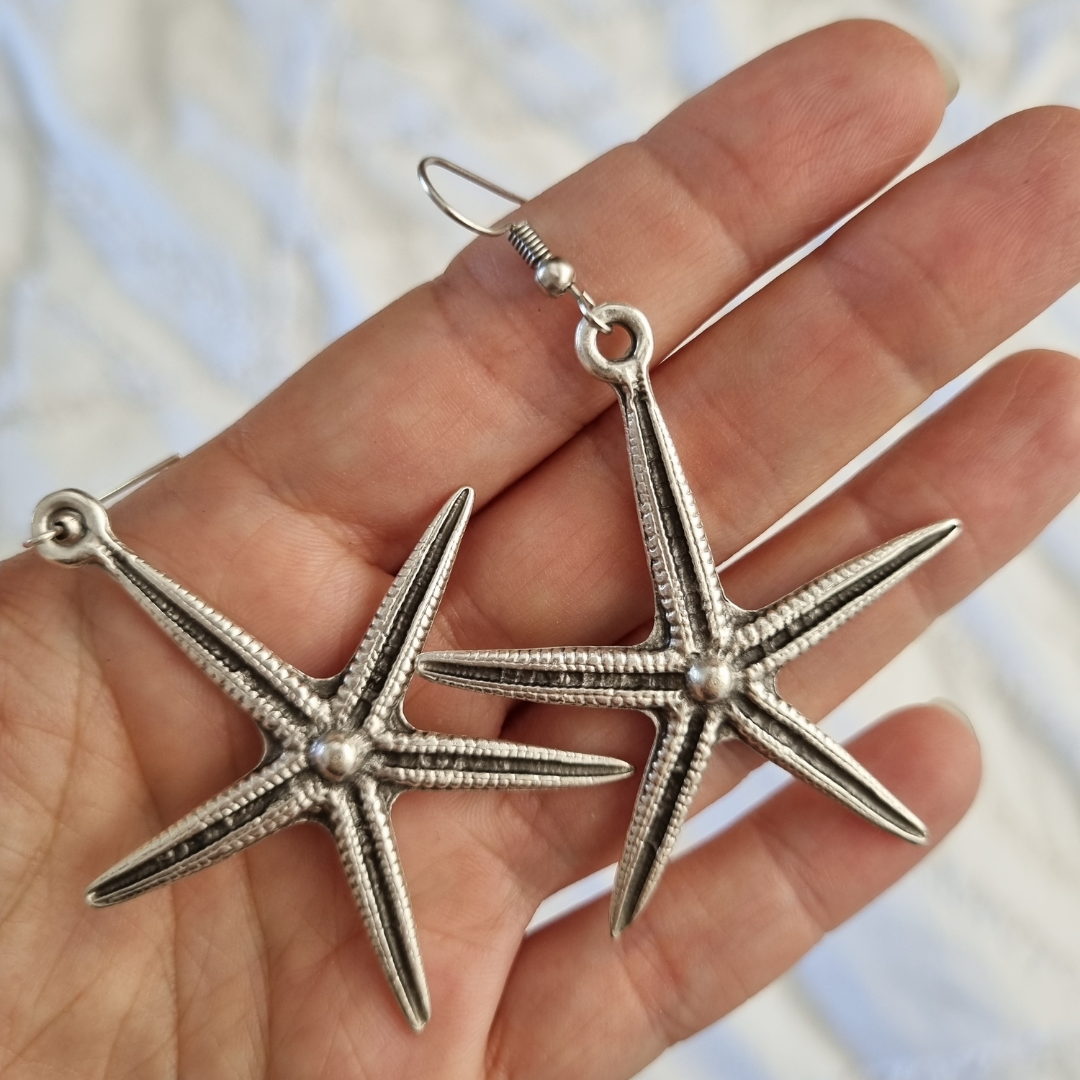Boho Large Silver Starfish Earrings  - Beachy Bohemian Jewellery