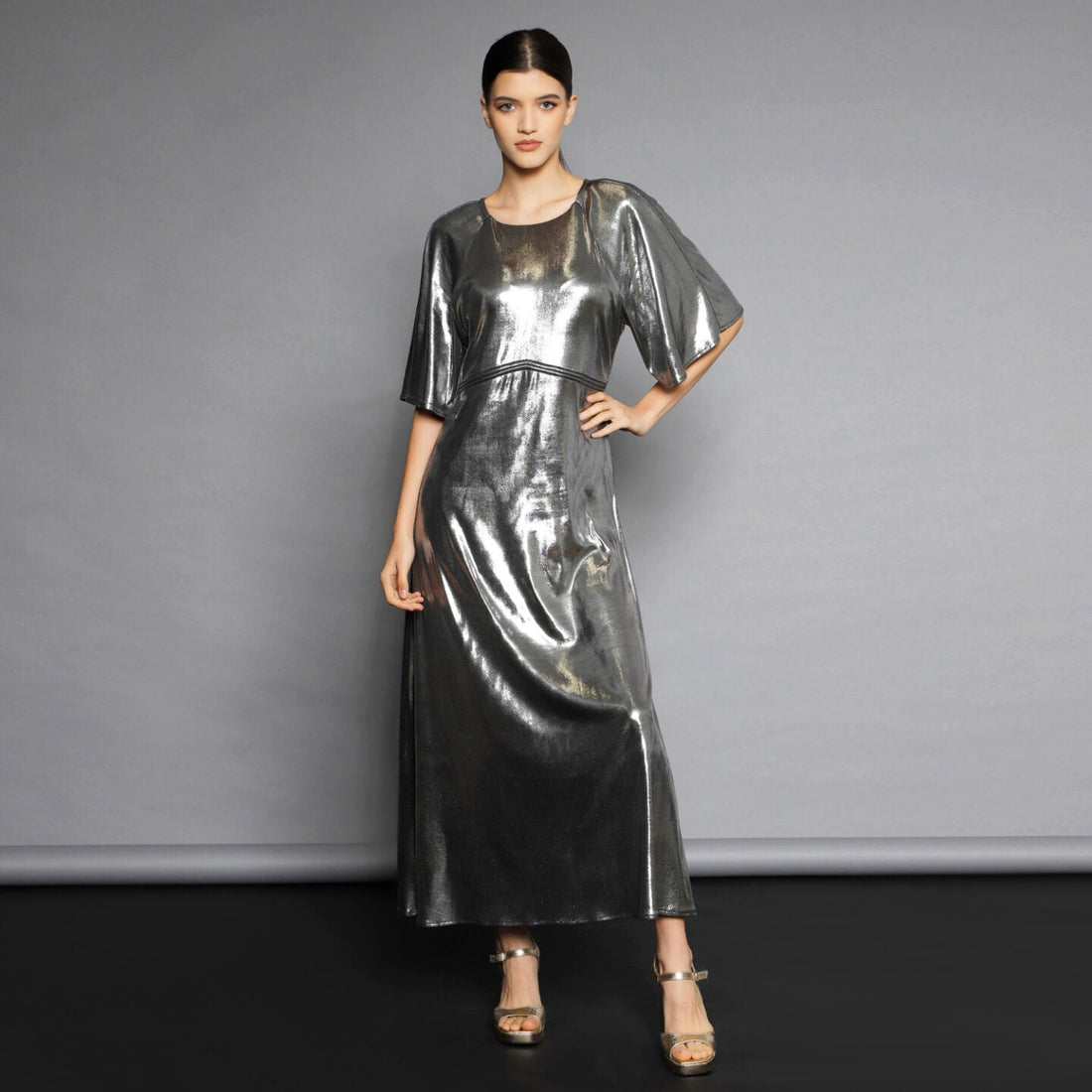 Silver A-Line Midi Dress in Metallic