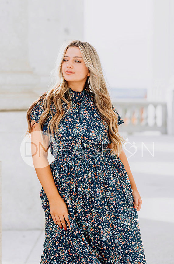 Skyler Navy Blossoms Smocked Maxi Dress ¨C DM Exclusive - Maternity Friendly - Restocking Spring 2026