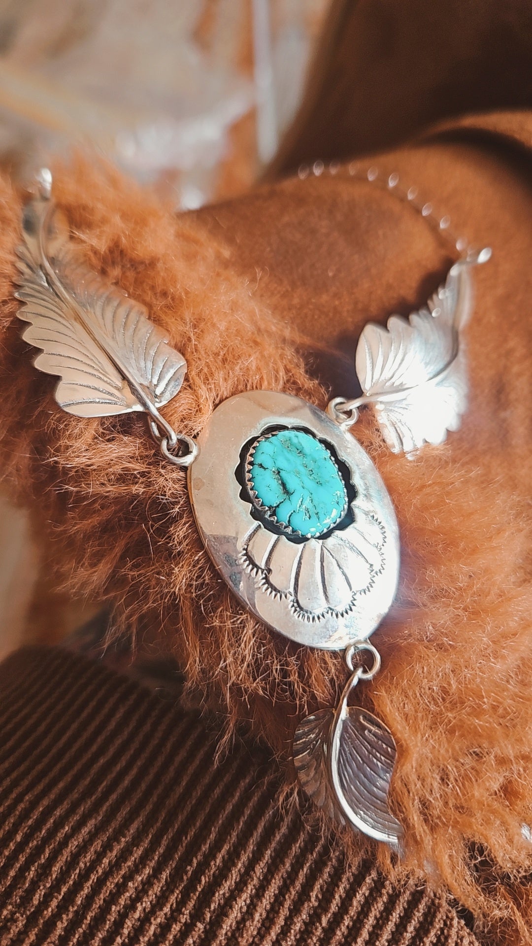 Native American Navajo silver and turquoise feather necklace