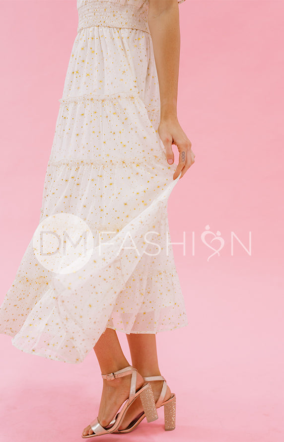 Dakota Cr¨¦me Gold Stars Dress - DM Exclusive - Maternity Friendly- FINAL SALE
