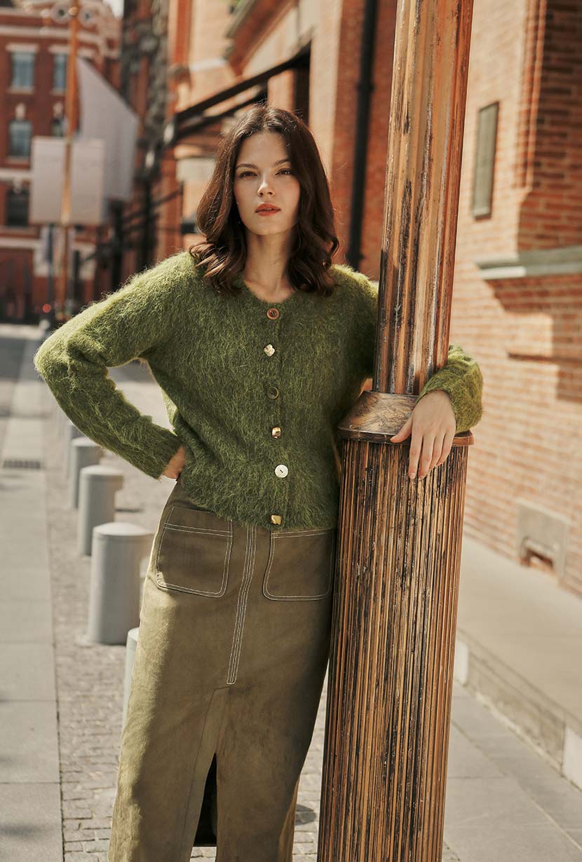 Debbie Suede Pencil Skirt - Kahki Green