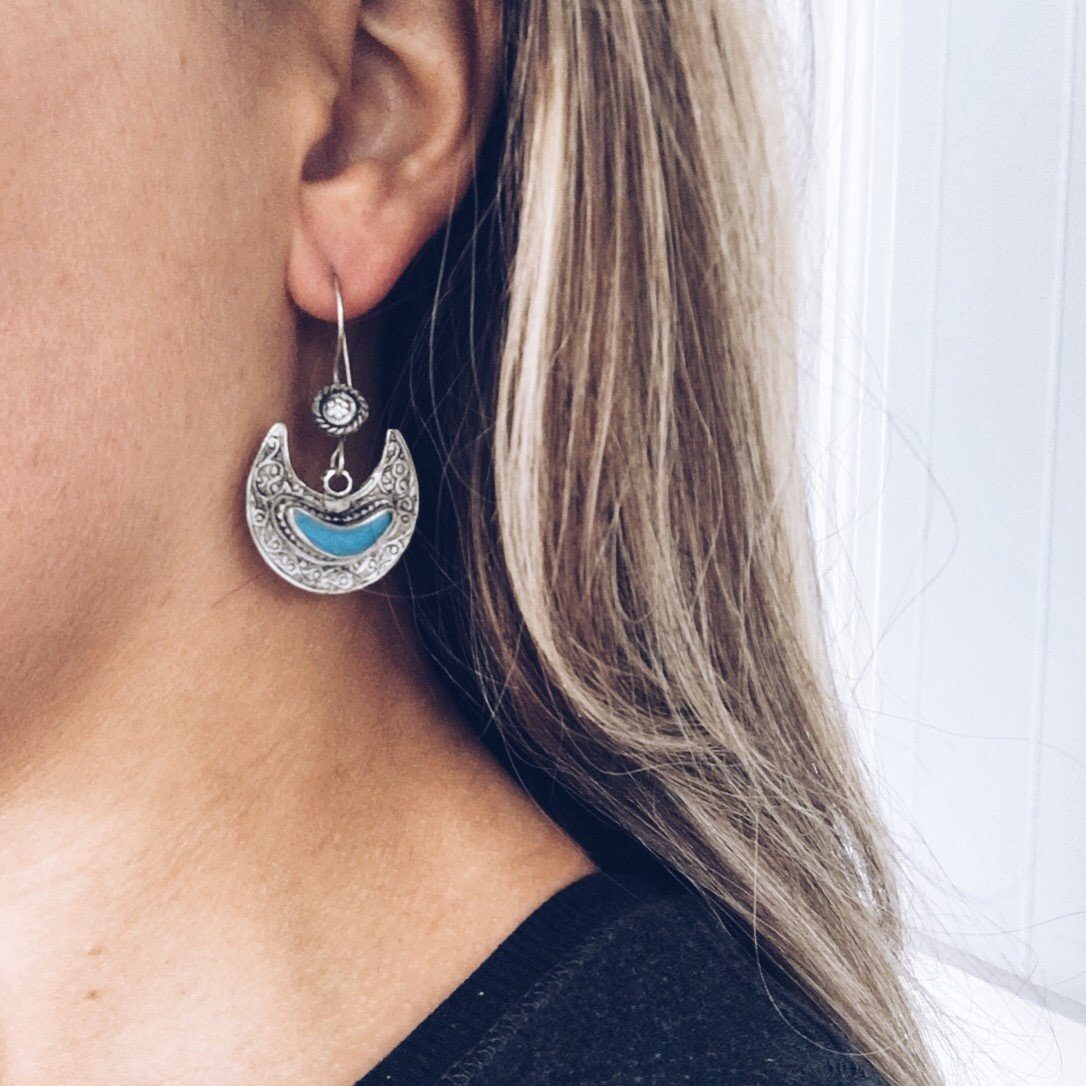 Crescent Kuchi Tribal Earrings - Turquoise